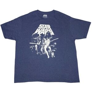 Retro Star Wars Graphic Blue T-Shirt Mens Size 2X Darth Vader Luke Skywalker
